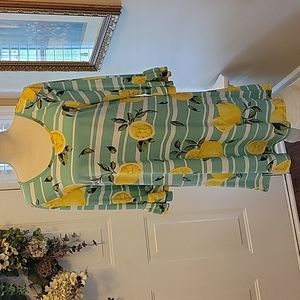 VOLL aqua yellow green white 🍋 print striped dress ruffled half sleeve Lg  EUC